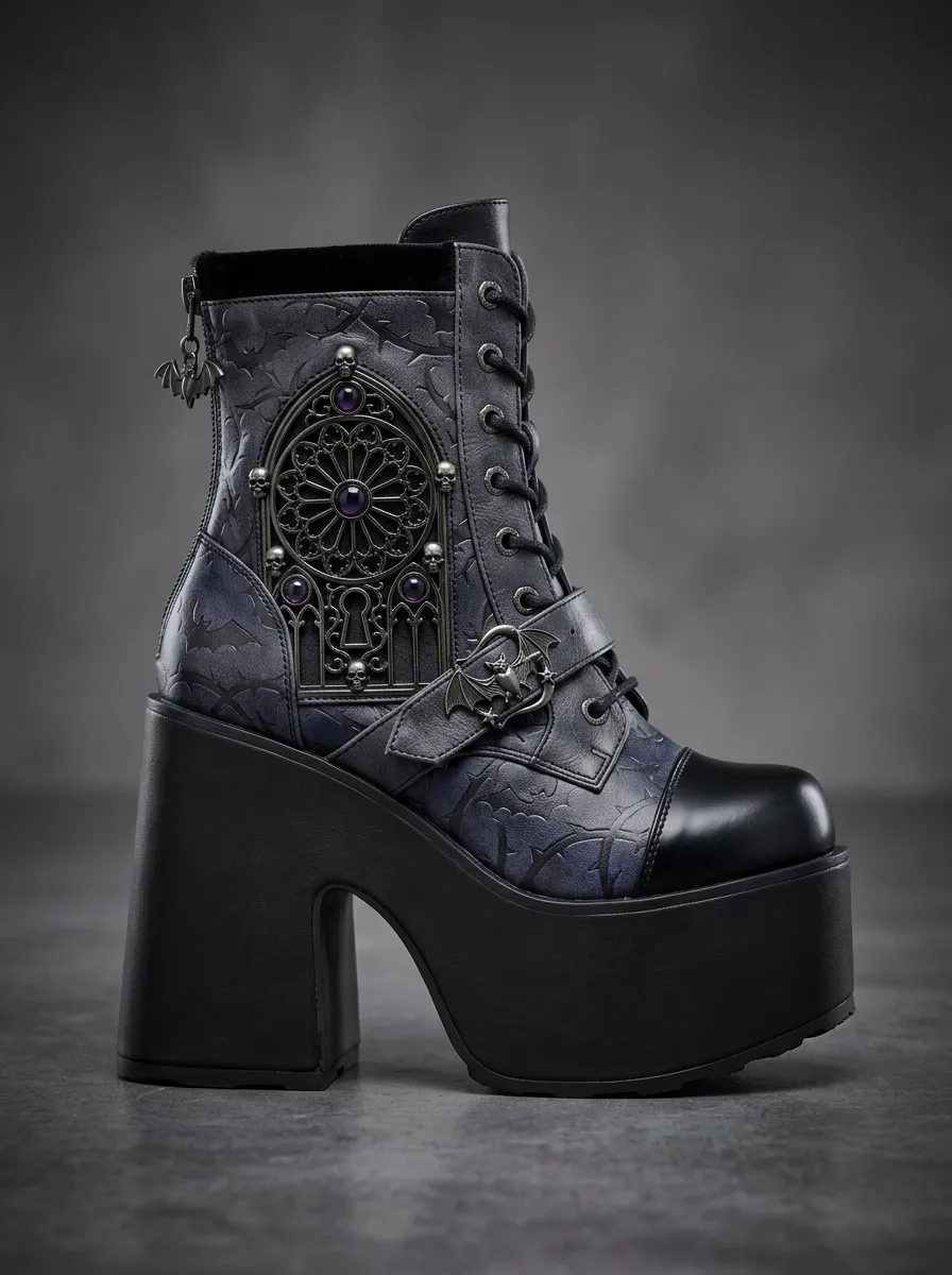 Darkwave Skull Bat Cathedral Finish Women's Gothic Platform Boots