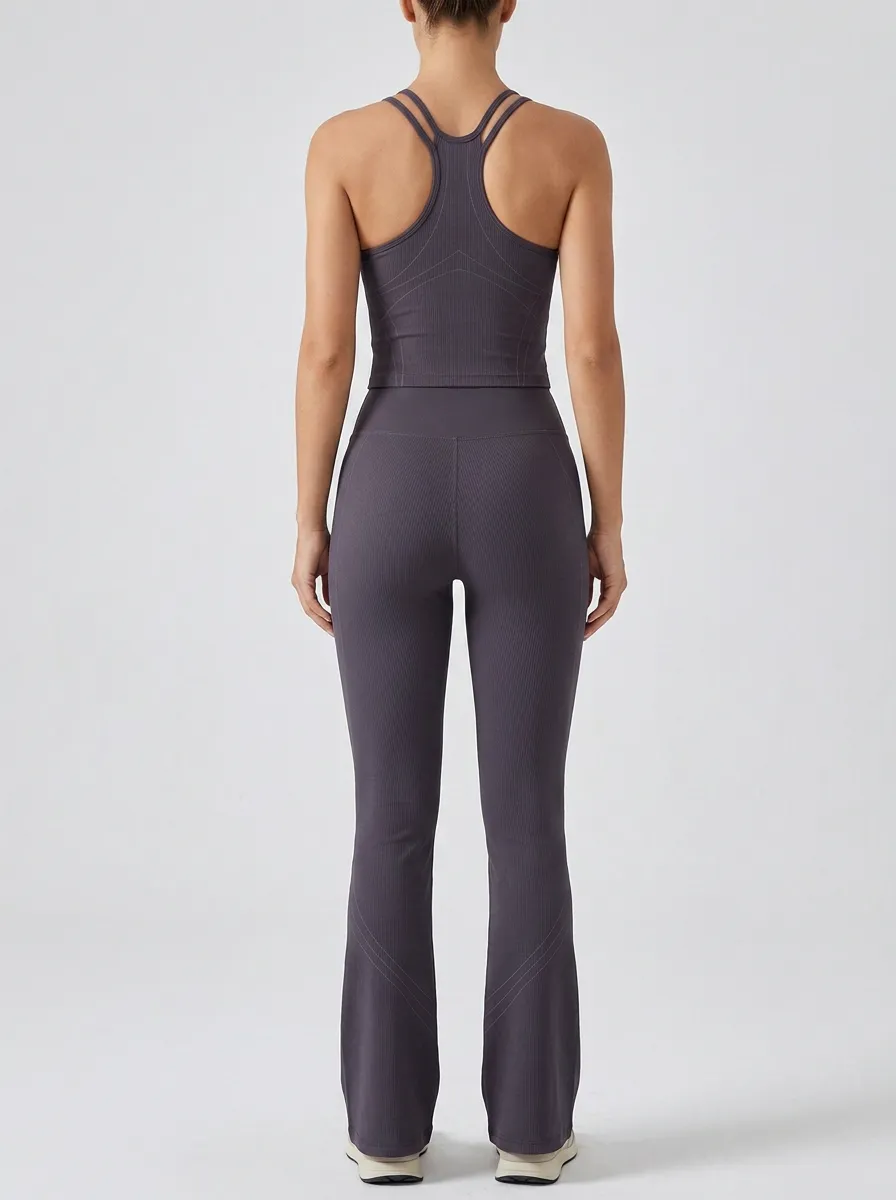Ribbed Seamless-Look Yoga Fitness Women's Tank Top Flare Pants Active Set