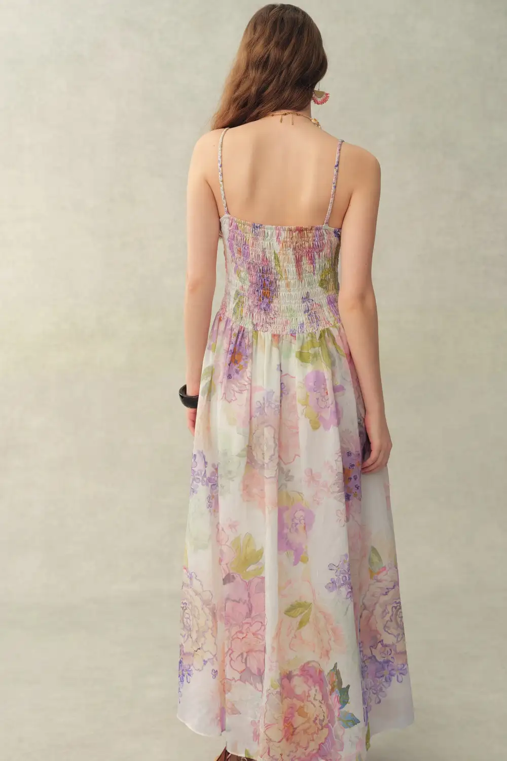 Strap Handcrafted Floral Silk Linen Blend Maxi Dress