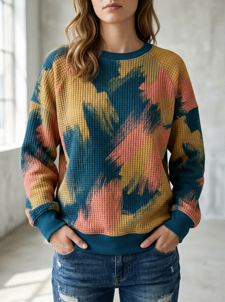 Women's Abstract Brushstroke Pattern Waffle Knit Crewneck Sweatshirt