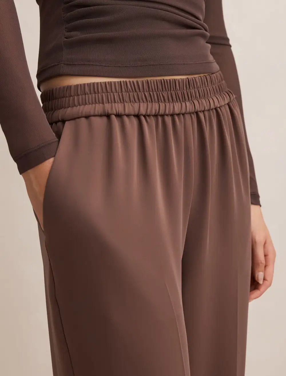 Dusty Brown Elastic Waist Wide Leg Pants