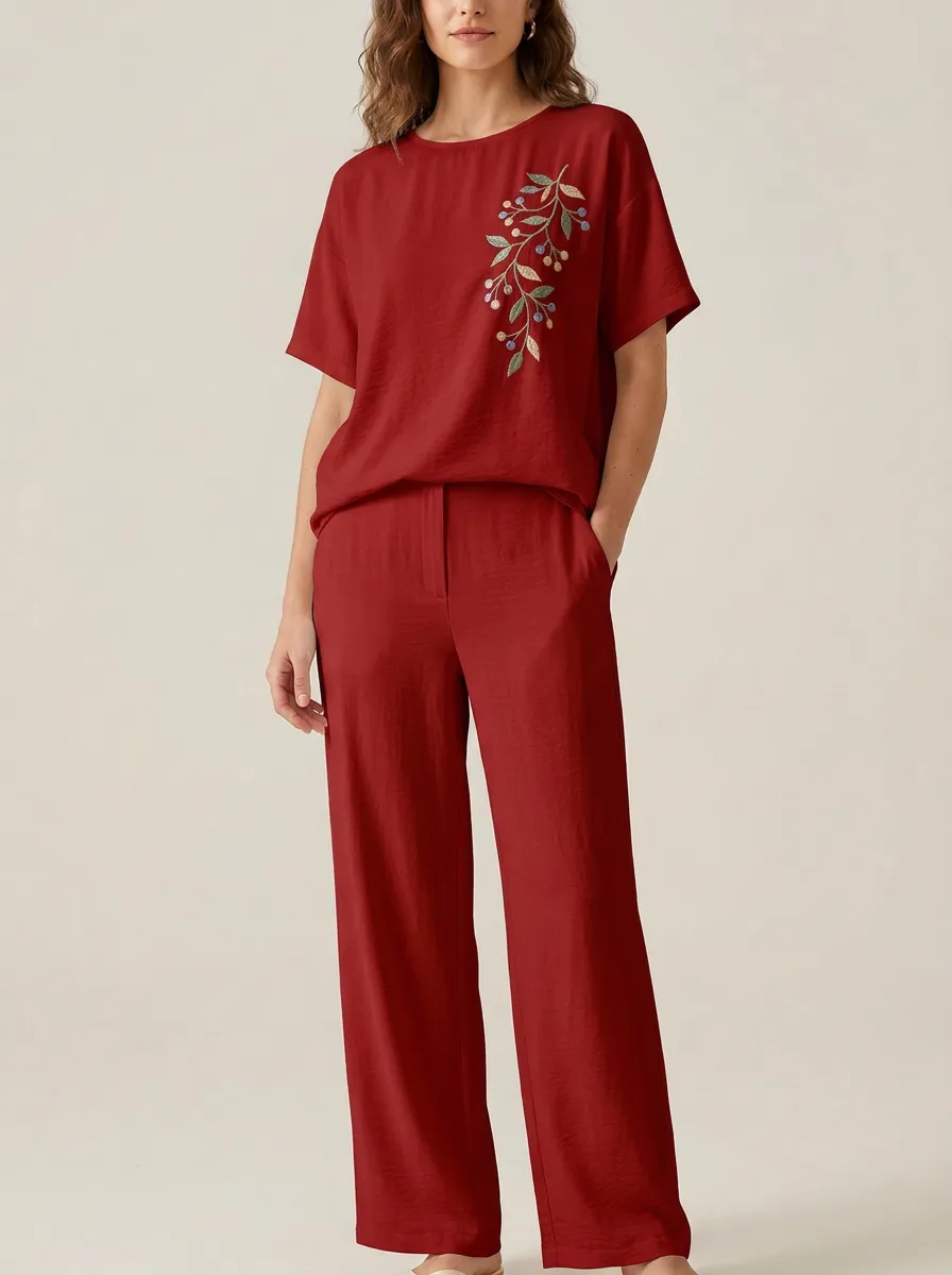 Women's Botanical Embroidered Short-Sleeve Top And Straight-Leg Trouser Two-Piece Set