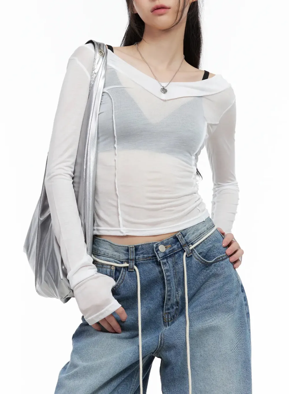Sheer Back-Slit Long-Sleeve Tee