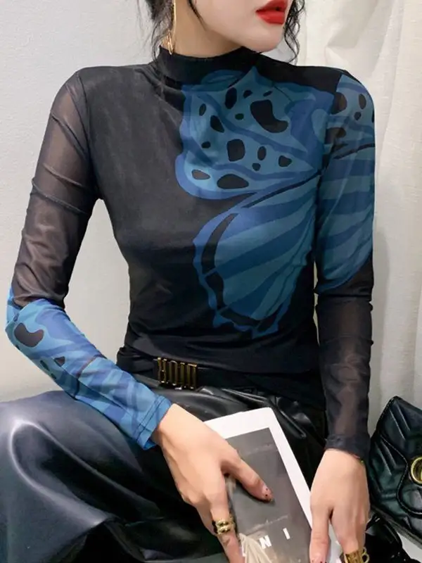 Long Sleeve Slim Fit Butterfly Print Panel Detail Mock Neck T-Shirt