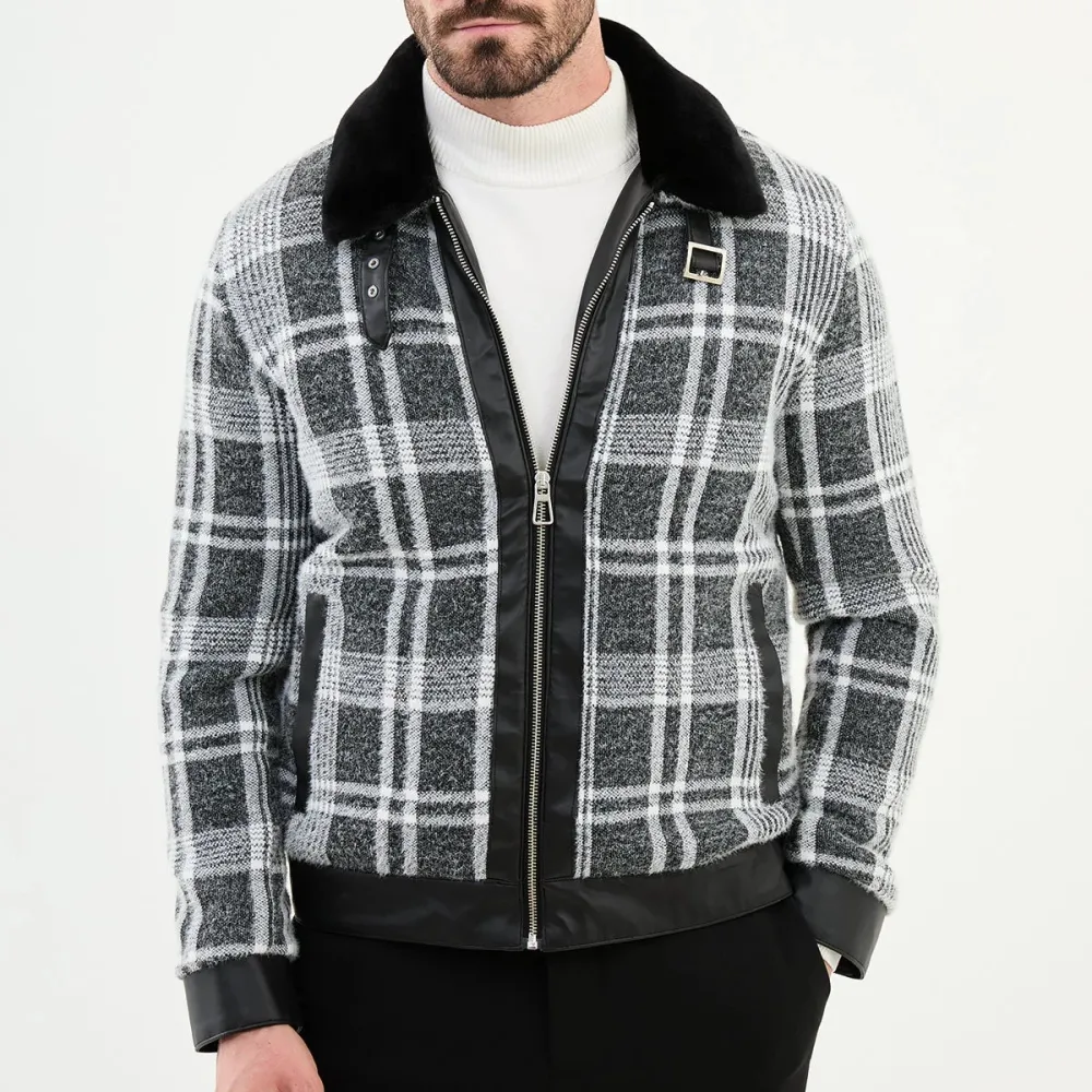 Refined Slim Fit Zip Front Plaid Wool Tailored Coat