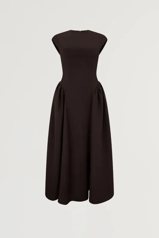 Dark Brown Cap-Sleeve Gathered Detail Midi Dress