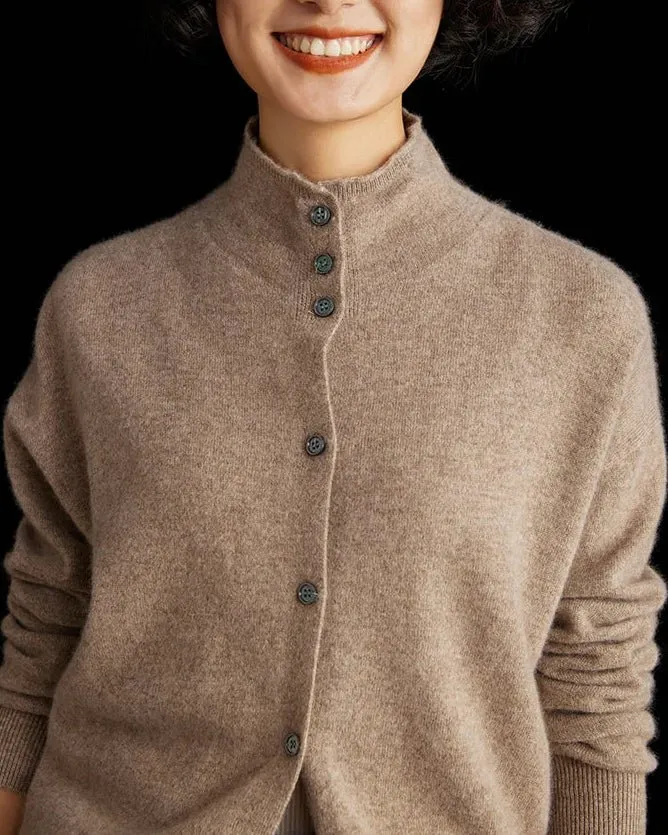Cashmere Wool Button-Front Turtleneck Cardigan