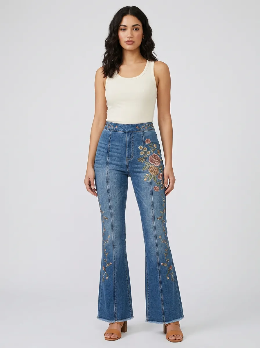 Women's Medium Wash Floral Embroidery Front Embroidery Flare Jeans