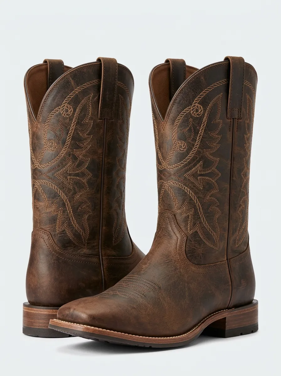 Men's Western Cowboy Embroidered Brown Leather Printed Western Boots