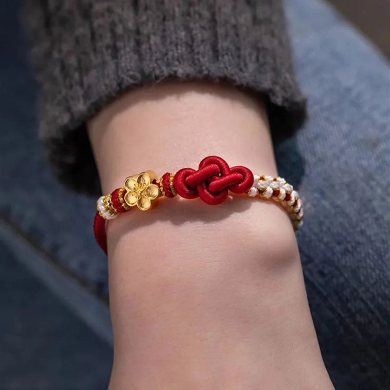 Handmade Love Knot Peach Blossom Charm Rope Bracelet