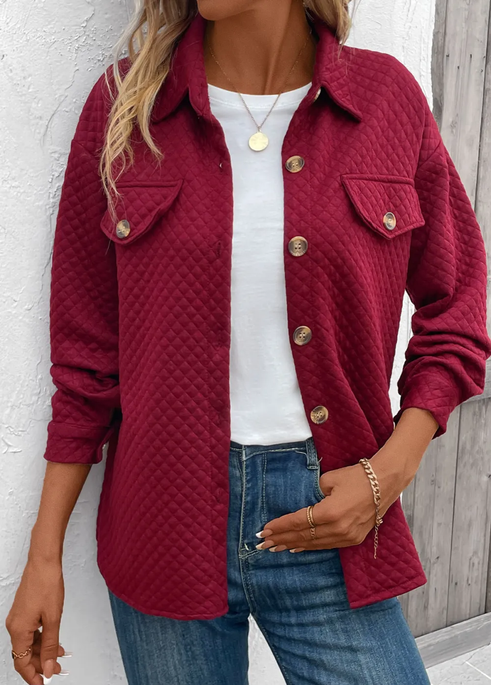 Wine Red Pocket Long Sleeve Turn Down Collar Coat