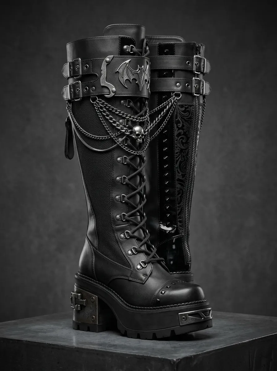 Heritage Skull Bat Chain Silhouette Women's Gothic Platform Knee High Boots