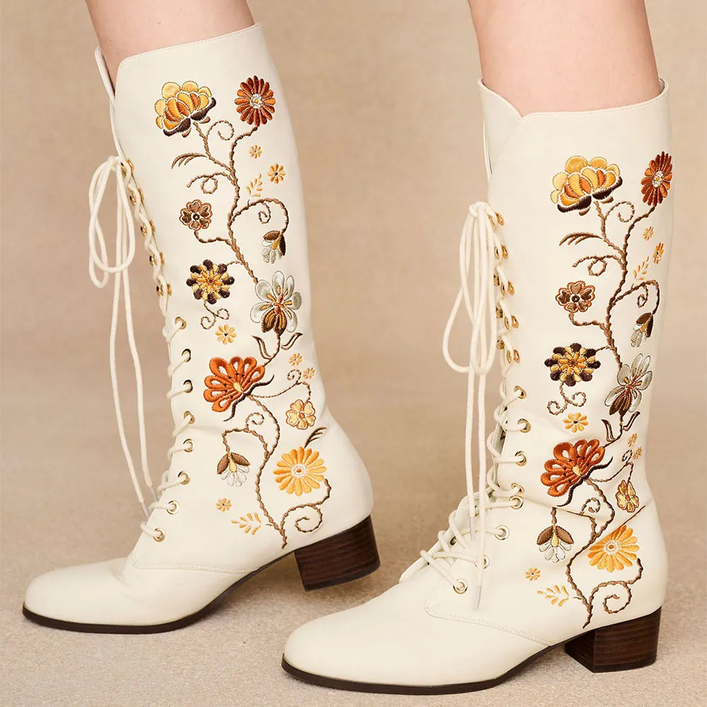 Faux-Leather Embroidered Lace-Up Floral Mid-Calf Boots