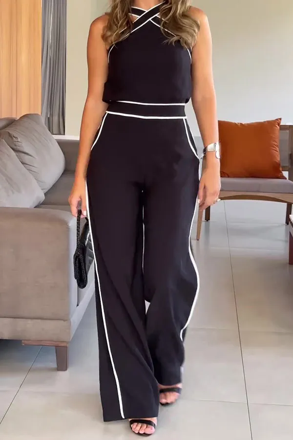 Colorblock Cross Halter Sleeveless Pant Set