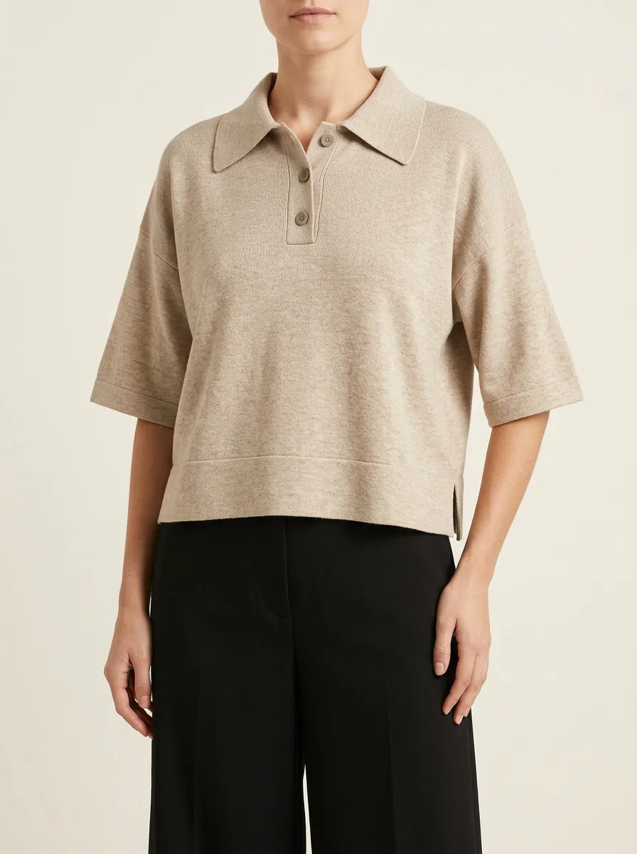 Women's Soft Beige Knit Polo with an Easygoing Shape
