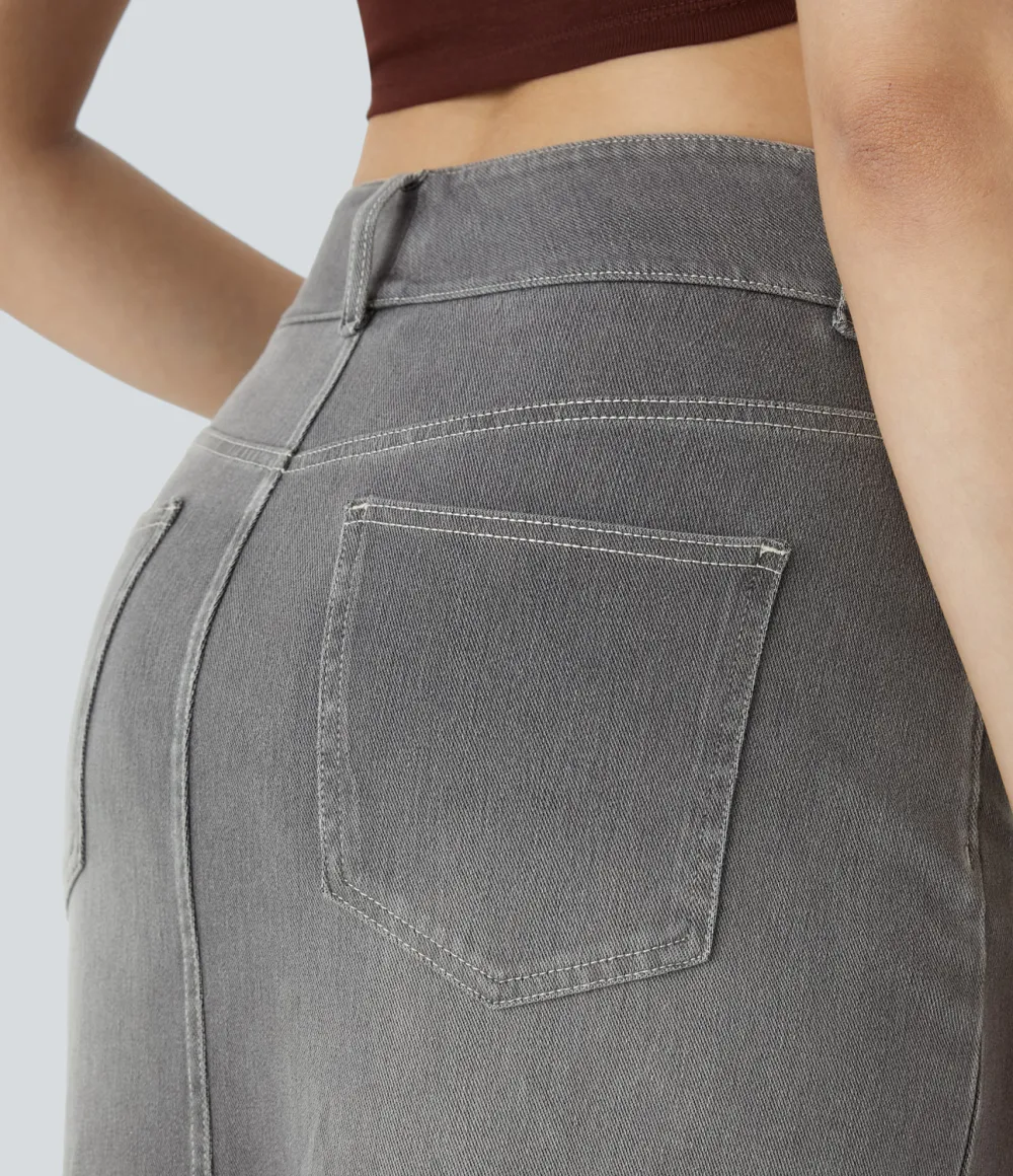 Magic High Waisted Multiple Pockets Bodycon Split Washed Stretchy Knit Denim Casual Midi Skirt