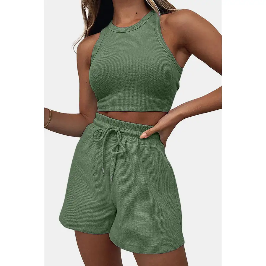 Relaxed Round Neck Top and Drawstring Shorts Set