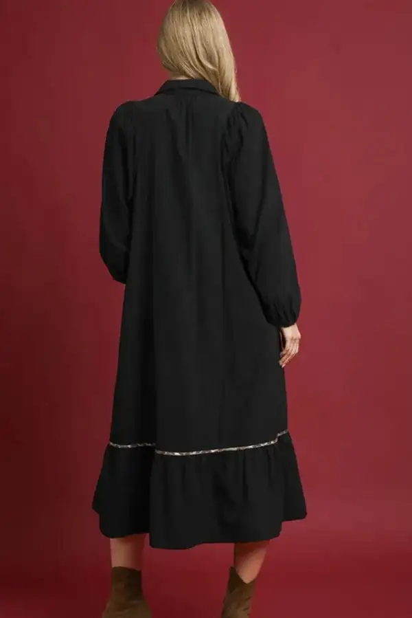 Maxi Collared V Neck Smocked Detail Contrast Leopard Trim