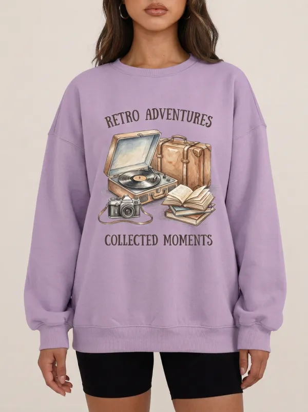 Women's Travel Lover Retro Adventures Record Camera Printed Sweatshirt