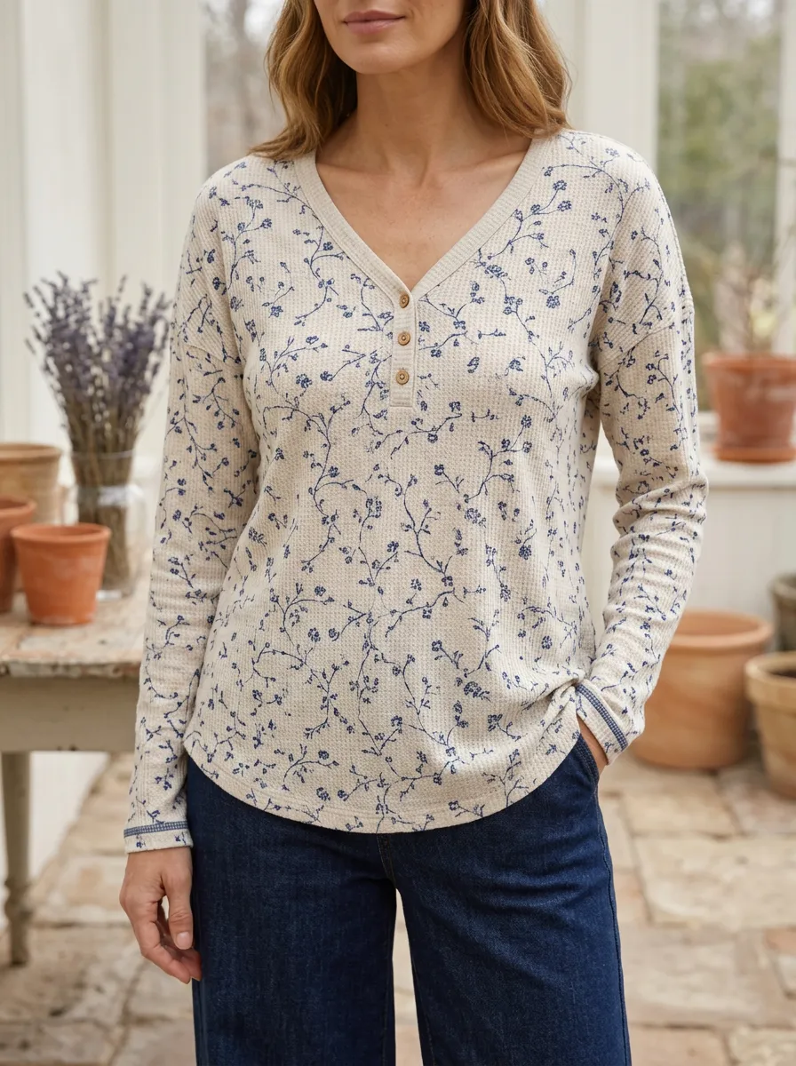 Women's Relaxed Floral Pattern Waffle Knit Printed Button V-Neck T-Shirt