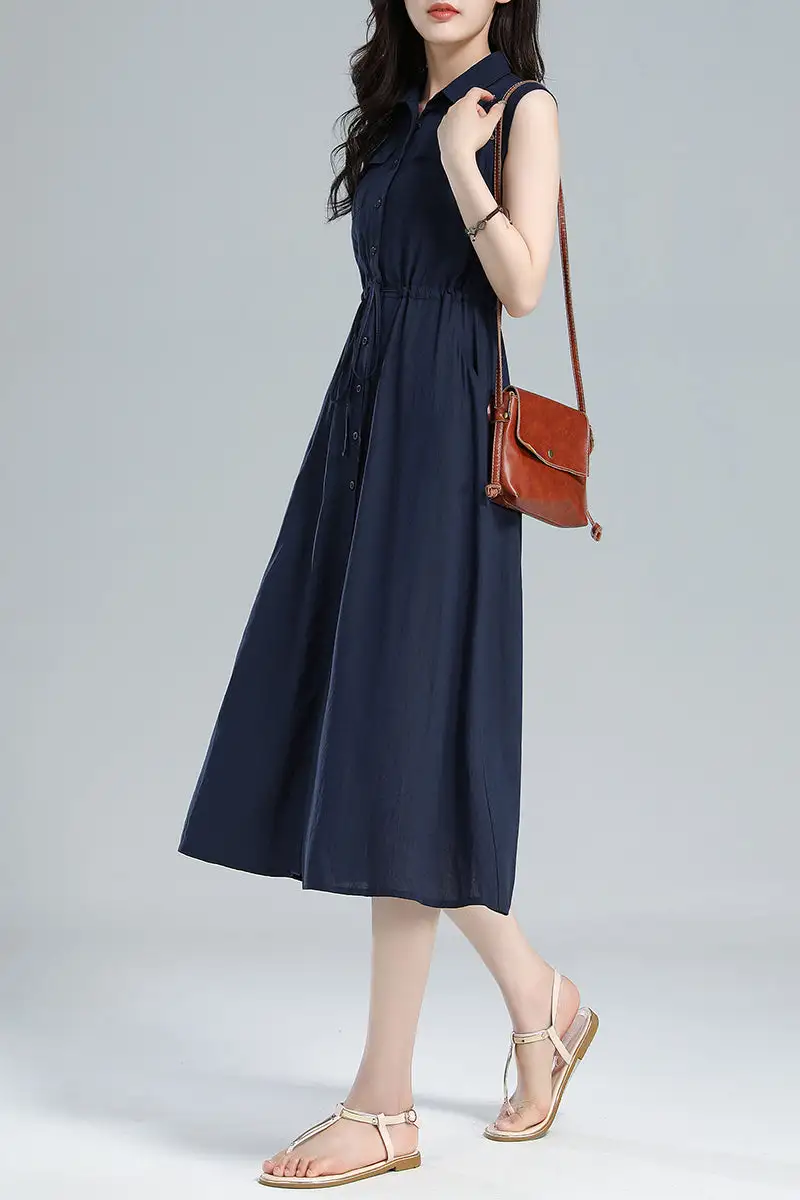Linen Shirt Sleeveless Midi Dress