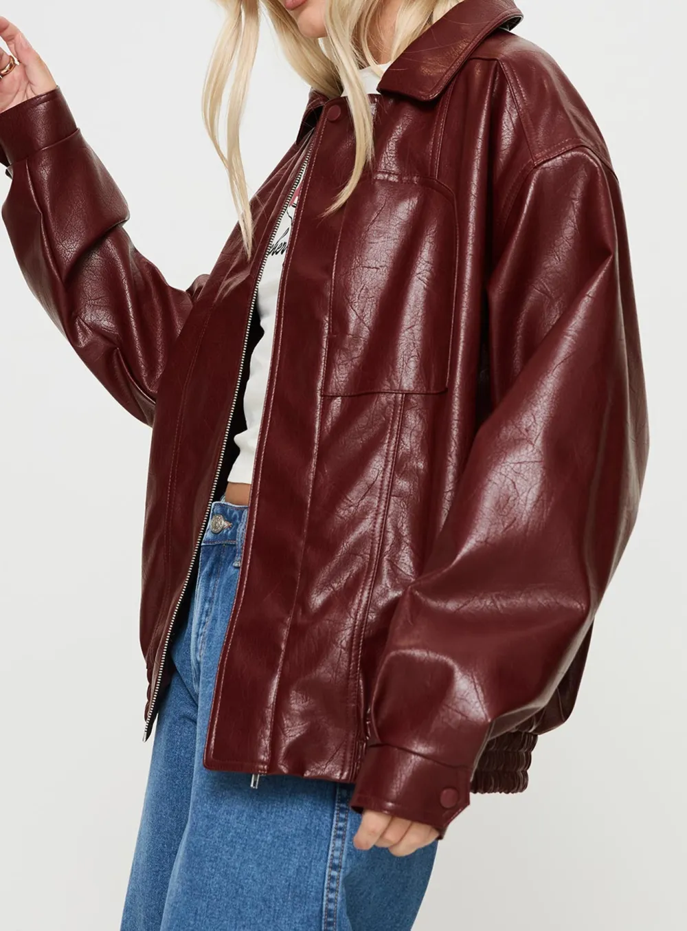 Burgundy Oversized Faux Leather Jacket