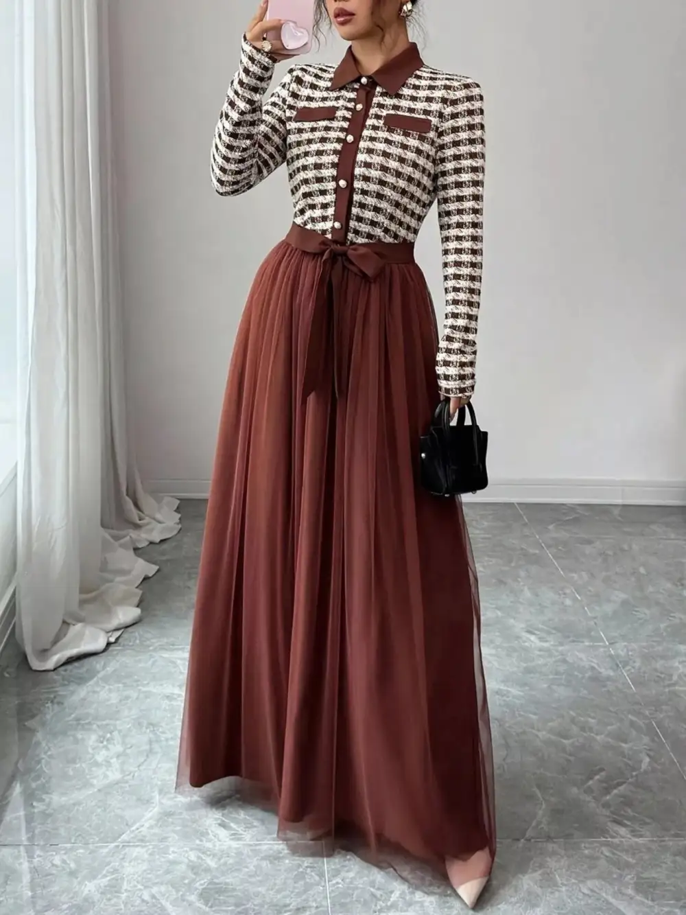 Plaid Tulle Long Sleeve Maxi Dress