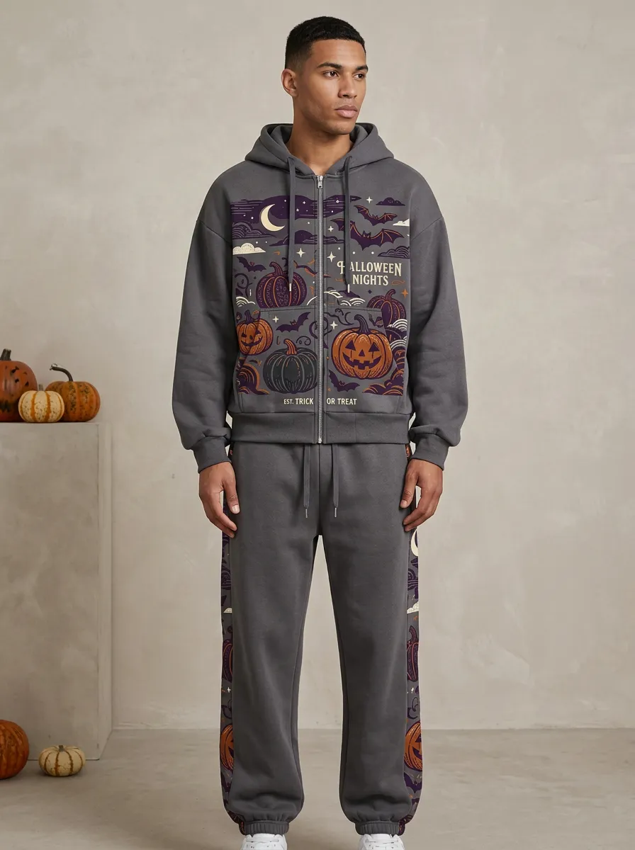 Men's Halloween Pumpkin Bat Printed Zip Hoodie Jogger Set