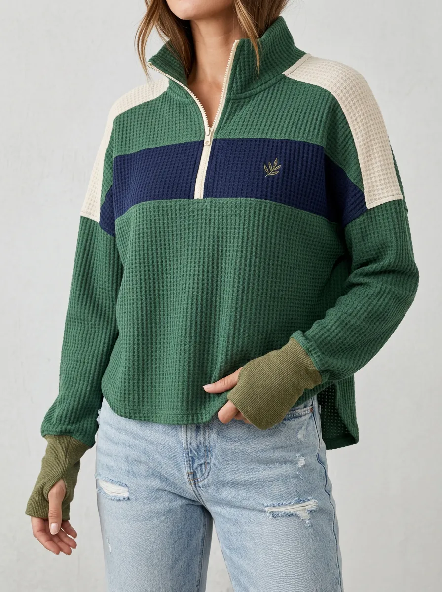 Relaxed Everyday Colorblock Leaf Embroidered Waffle Knit Quarter Zip Top