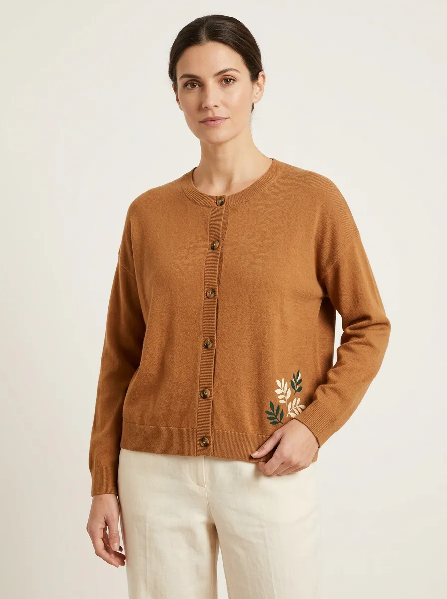Women's Leaf-Embroidered Crewneck Cardigan