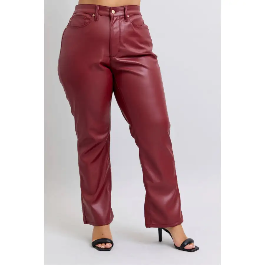 Full Size High Waist Tummy Control Faux Leather Straight Pants Plus Size
