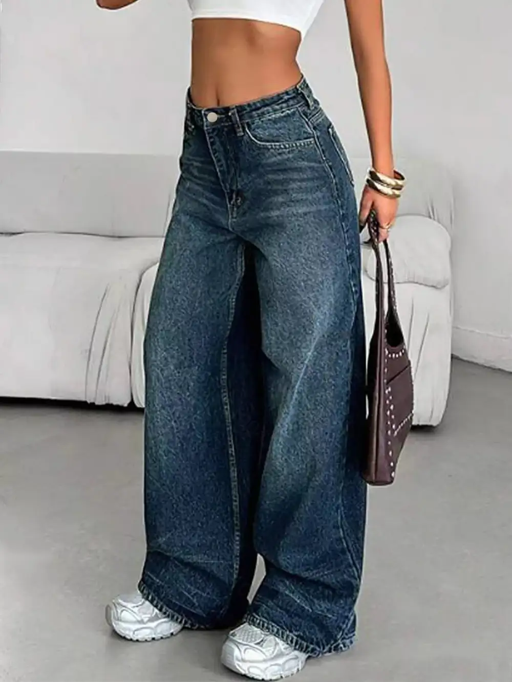 Ruched Wide Leg Denim Jeans