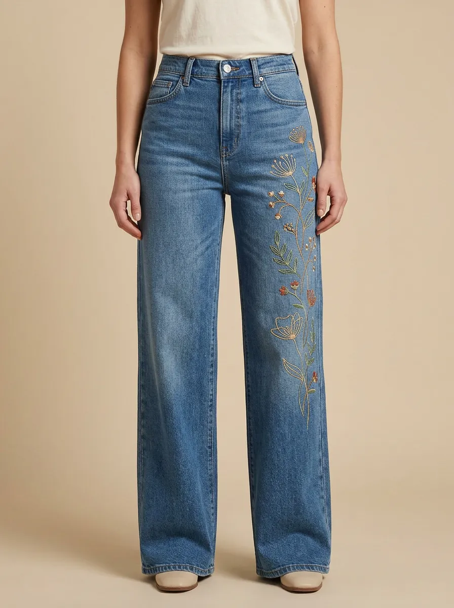 Women's Floral Thigh-And-Leg Embroidered Stretch Jeans