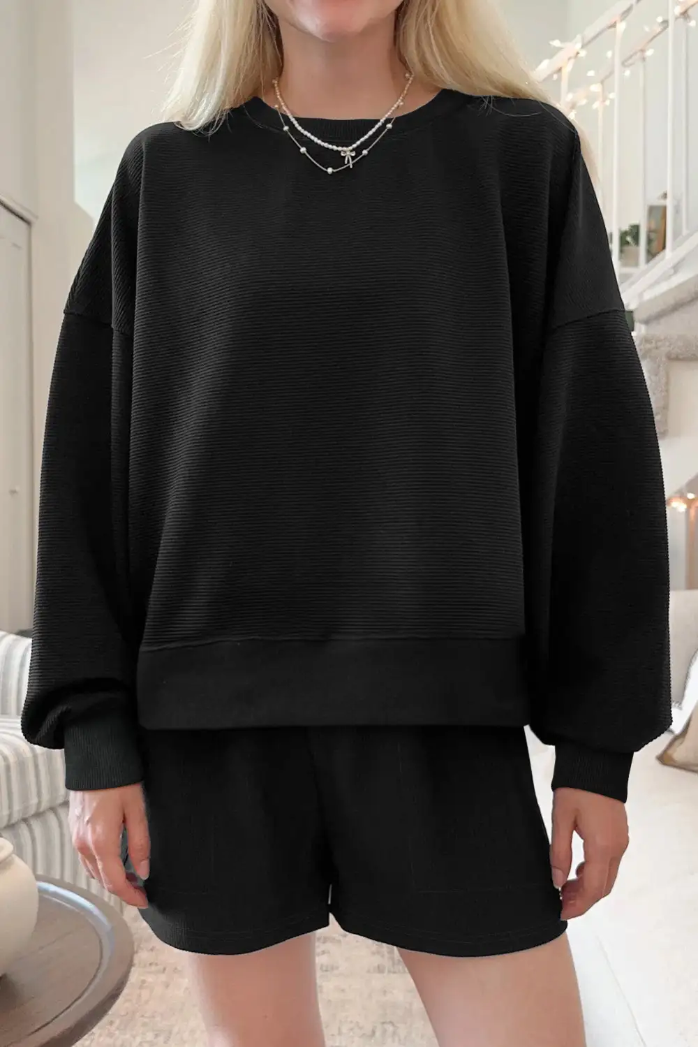 Women's Ribbed Texture Baggy Drop Shoulder Pullover and Shorts Set