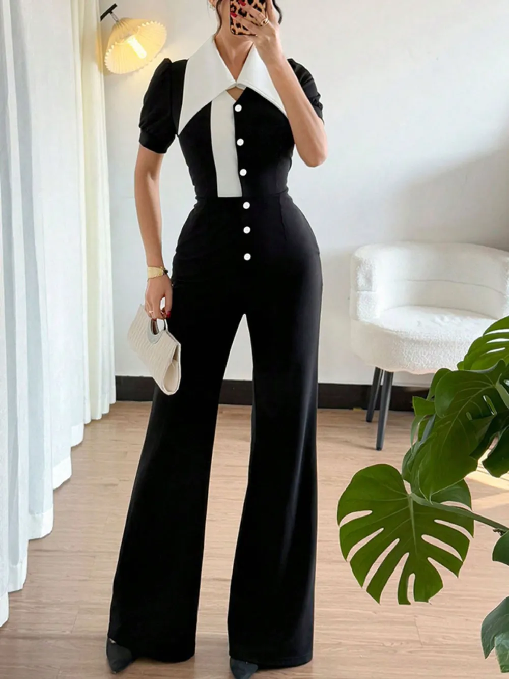 Contrast Button Down Wide Leg Jumpsuit