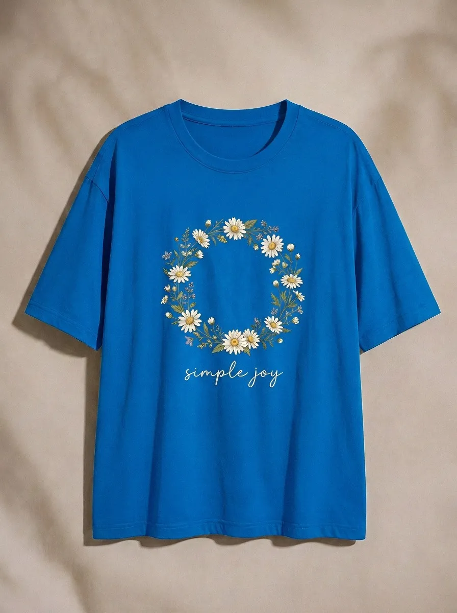 Women's Nature Lover Daisy Wreath Simple Joy Printed T-shirt