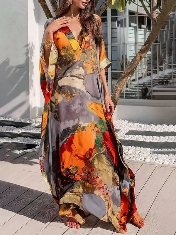Sleeves Printed Neck Maxi Dress