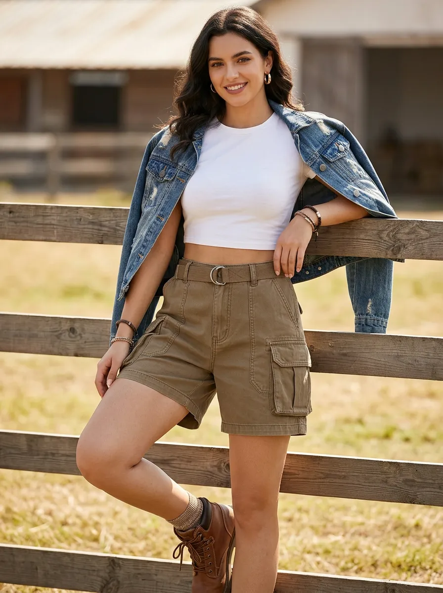Women's Casual Outdoor Khaki Belted Cargo Shorts