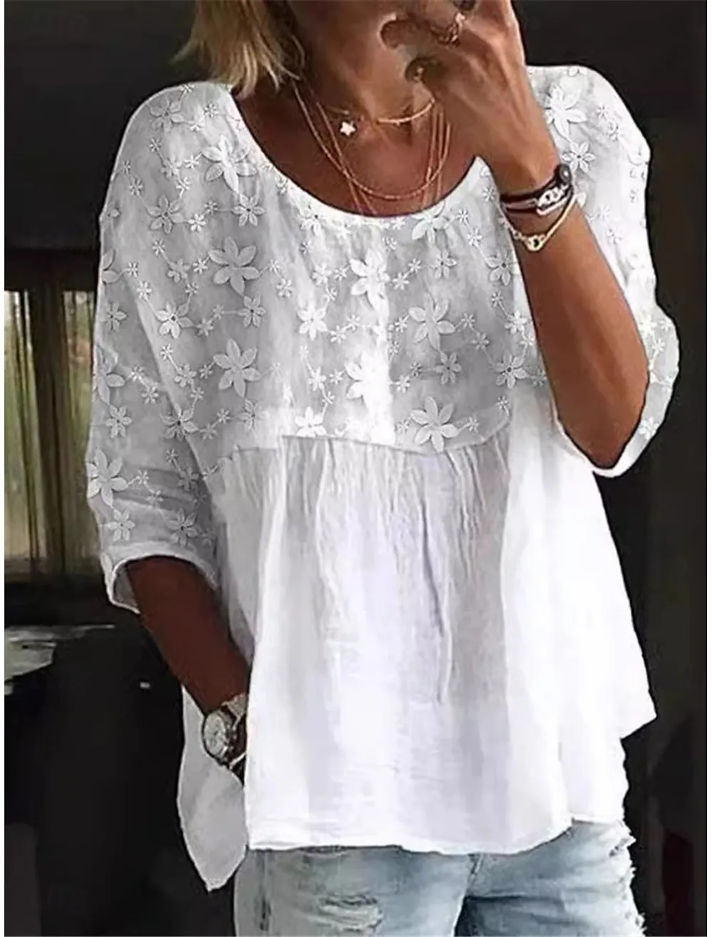 Women's Lace Embroidery Patchwork Loose Crew Neck Split Joint Shirt