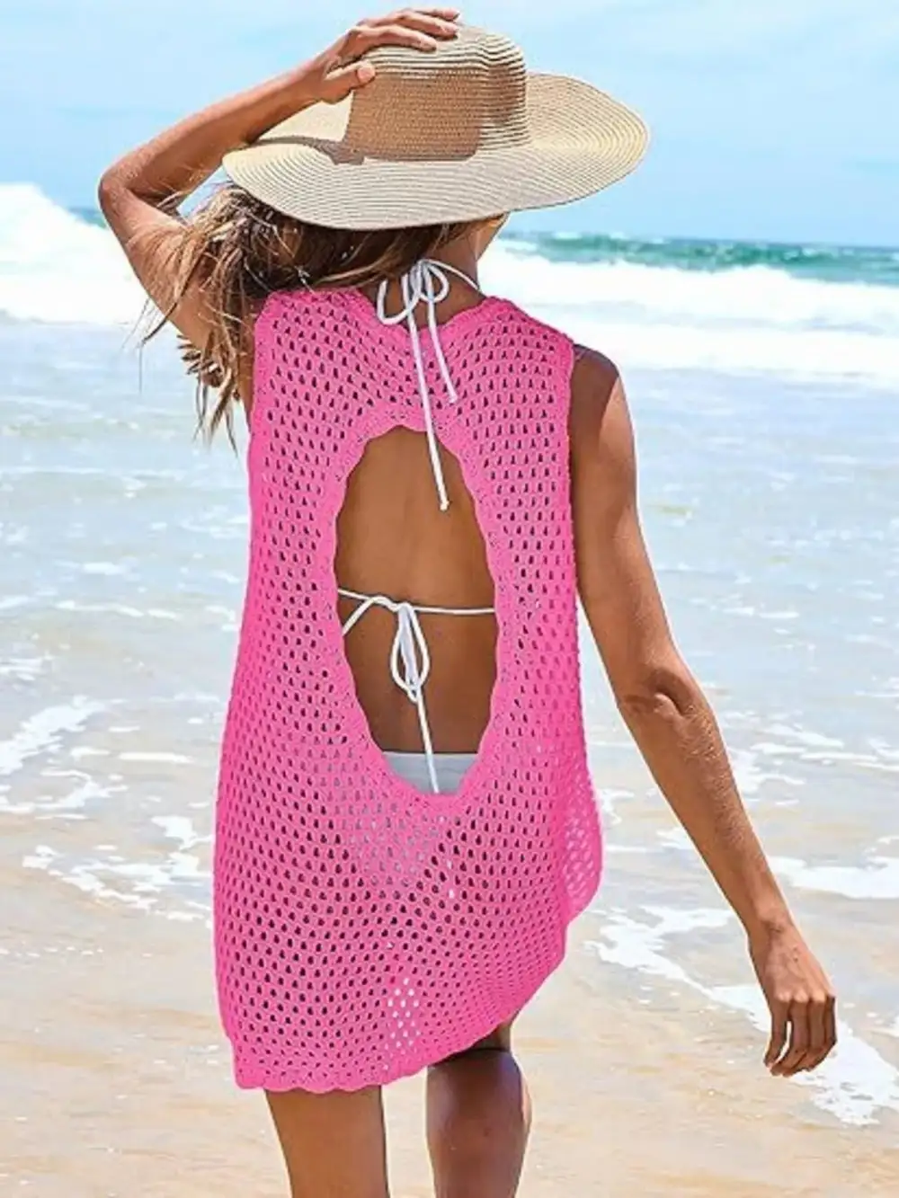 Blocked Pattern Openwork Sleeveless Panel Detail Swim Cover Up
