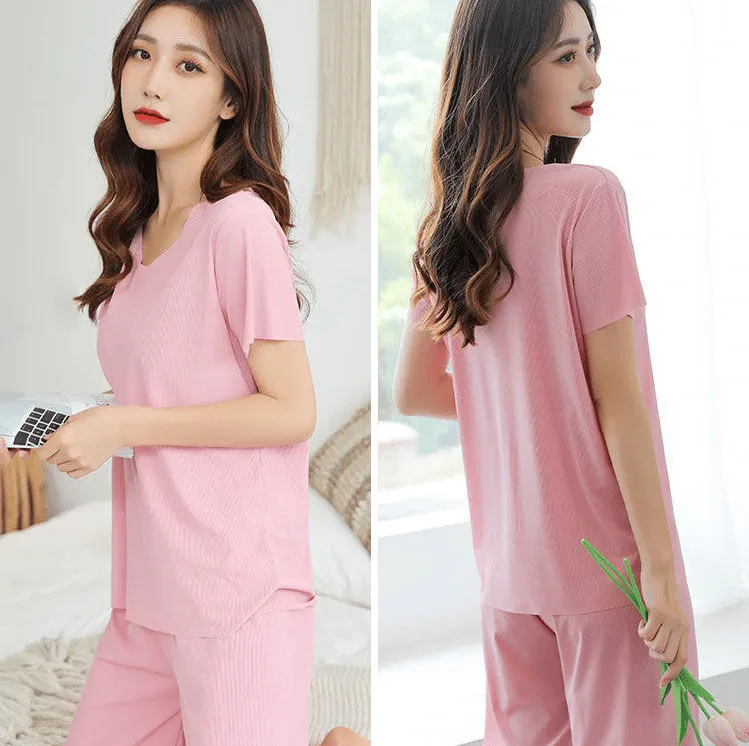 (💥48 % OFF)Soft Comfortable Ice Silk Short Sleeve T-Shirt Two Piece Set Loose Wide-leg Pants
