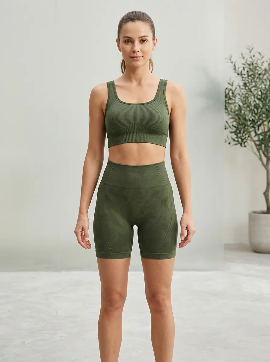 Weekend Ribbed Texture Seamless Design Training Look Women's Tank Top And Sports Shorts Set