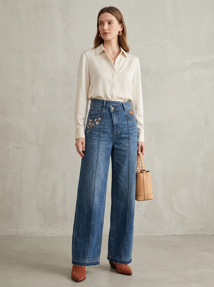 Women's Floral Embroidery Floral Asymmetric Waist Wide Leg Jeans