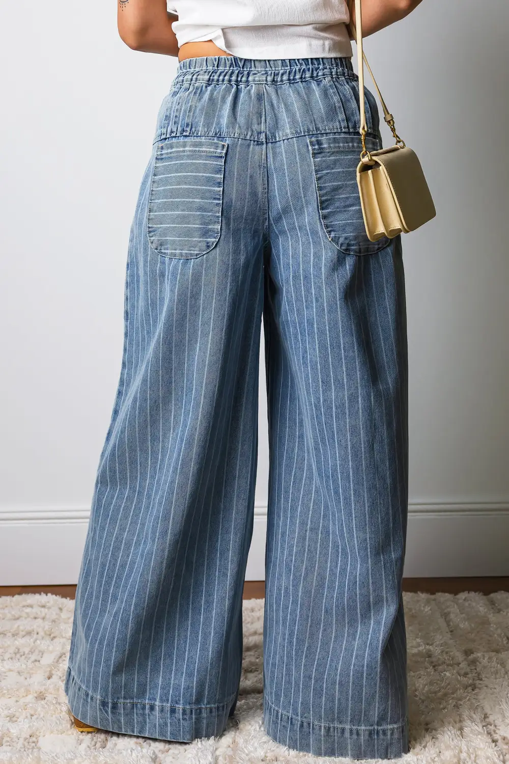 Women's Stripe Button Pleated Drawstring Waist Casual Wide Leg Jeans
