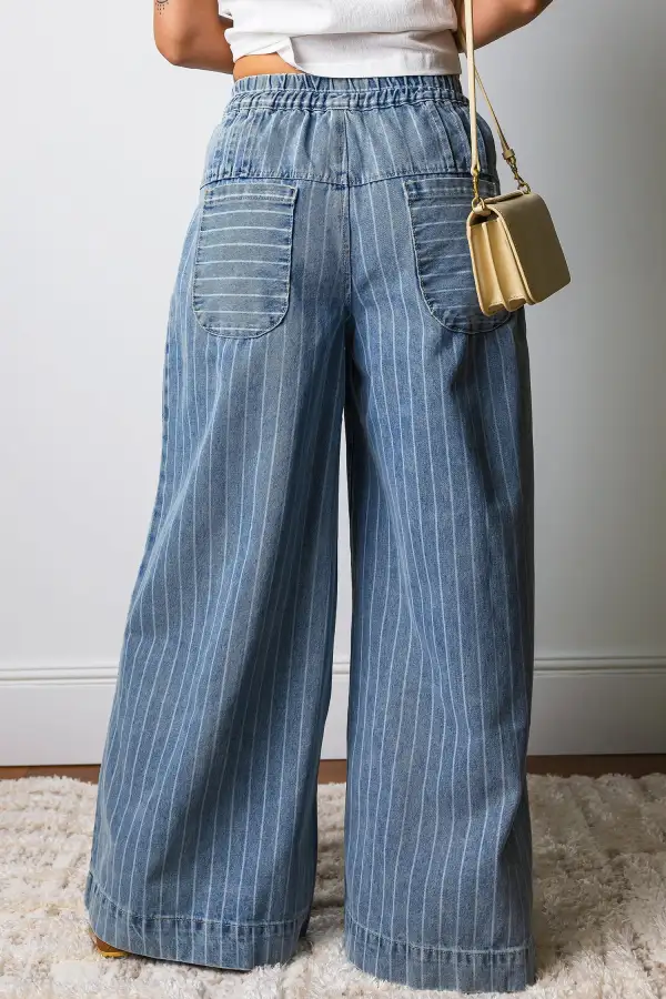 Women's Stripe Button Pleated Drawstring Waist Casual Wide Leg Jeans