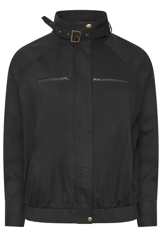 Black Funnel Neck Twill Shacket