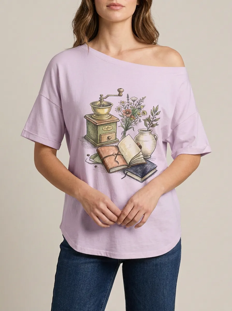 Women's Coffee Book Flower Graphic Off-Shoulder T-Shirt