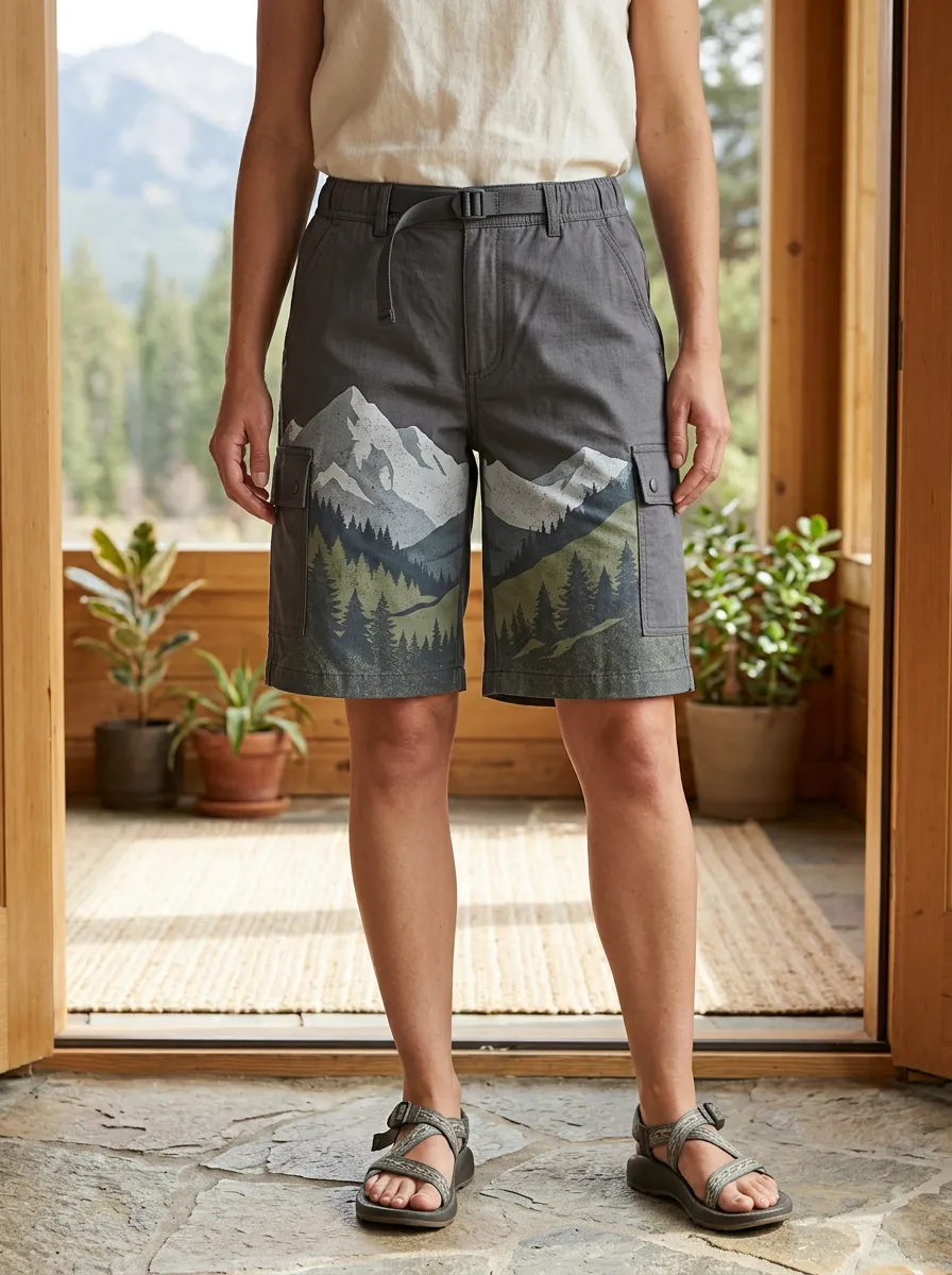 Women's Relaxed Hiking Lover Mountain Forest Printed Cargo Shorts
