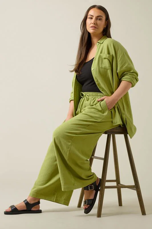 Chartreuse Green Wide Leg Premium Linen Trousers detail 2