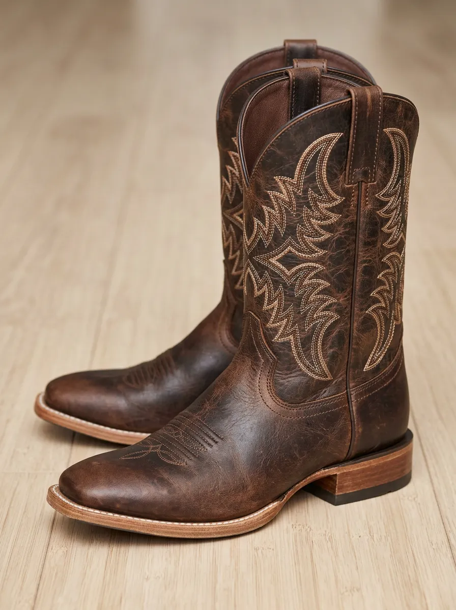 Unisex Western Tonal-Embroidery Square-Toe Mid-Calf Pull-Tab Visible-Welt Cowboy Boots